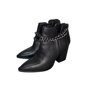 Vince Camuto Gallzy Chain Ankle Boots Black Leather Block Heel Booties Women 7.5